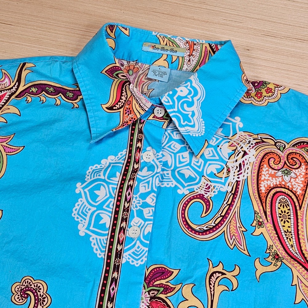 Too-She-She Button Up Shirt Womens L Blue Paisley Boho Cotton Spandex Stretch